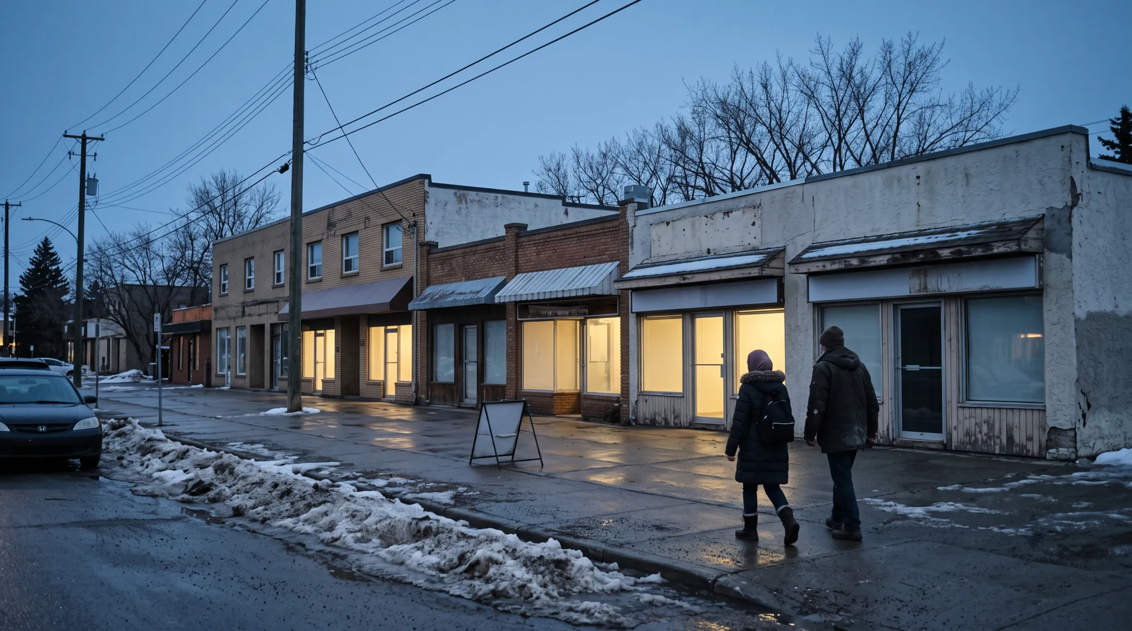 A strip of small independent shopfronts on an Edmonton avenue at dusk in early spring