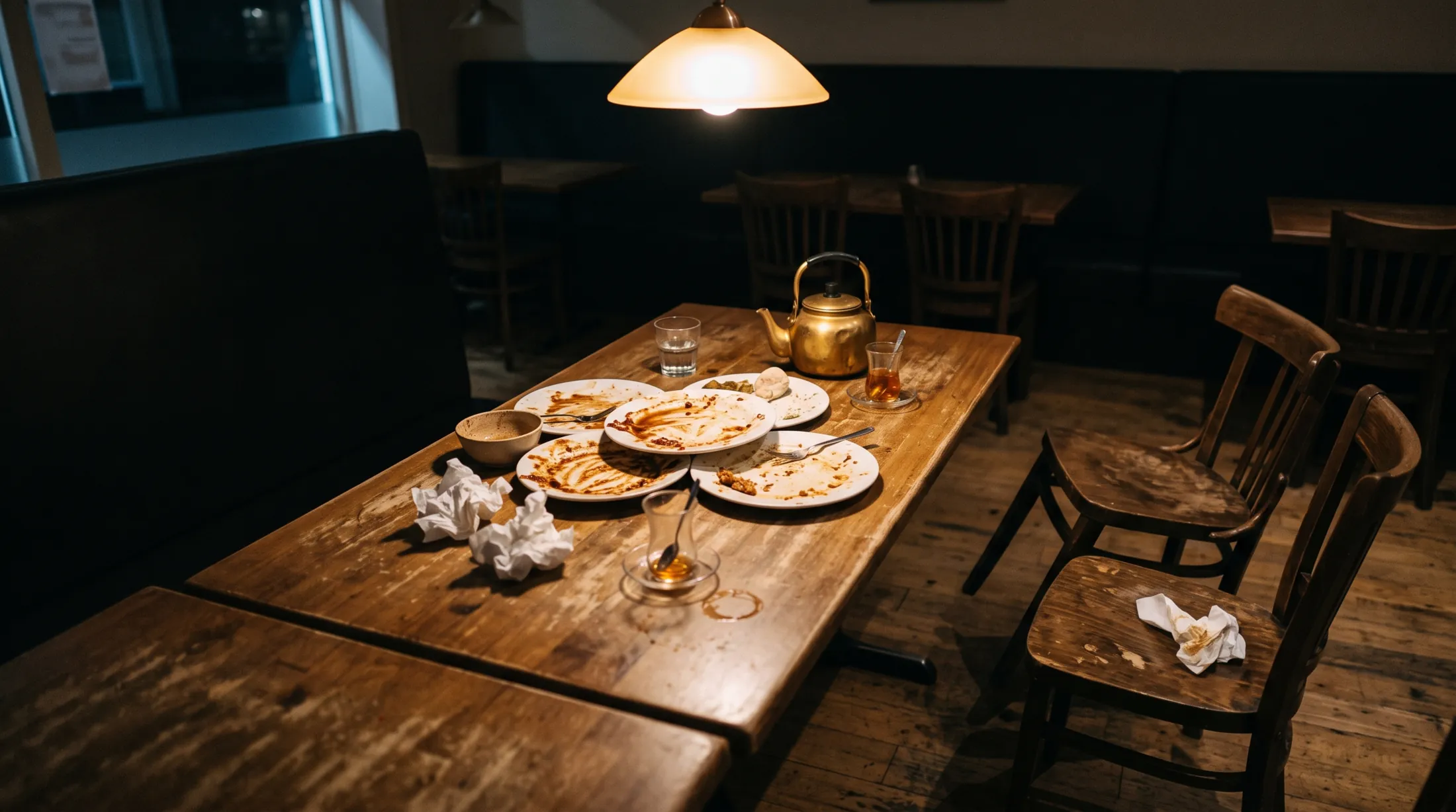 A restaurant table after a shared meal has ended, plates pushed together under a single warm pendant