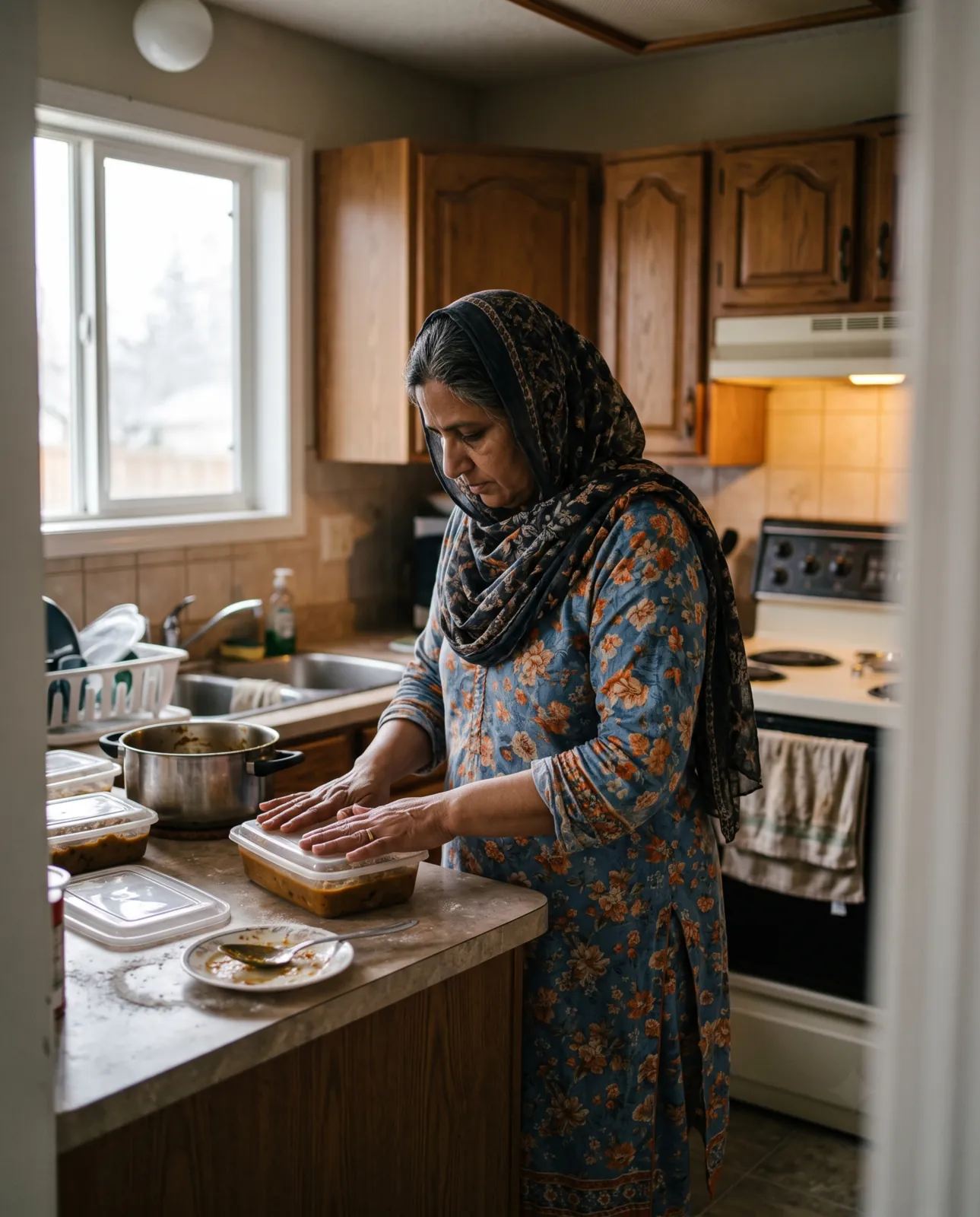 A woman packing food she has cooked into containers on a home kitchen counter